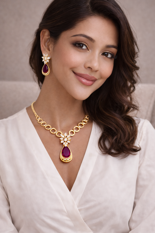 Vellorene Ruby Drop Chain Necklace Set – Elegant Fashion Jewelry