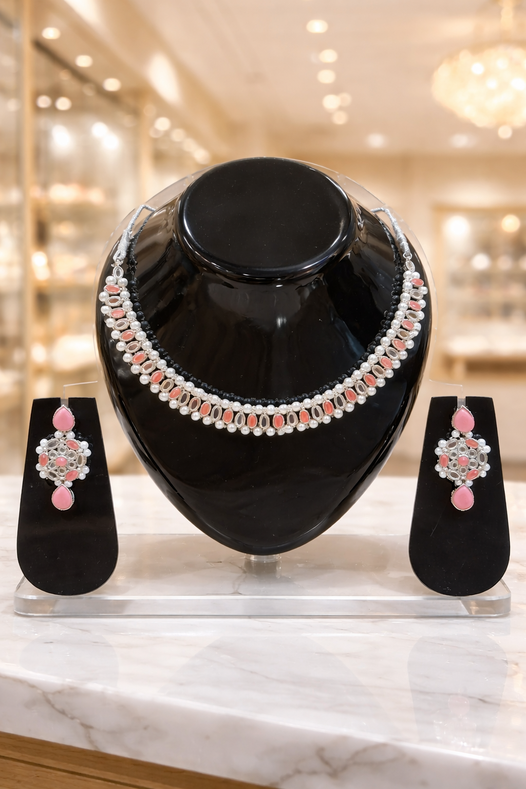 Vellorene Blush Coral Pearl Choker Necklace Set – Soft Luxury Statement Jewellery