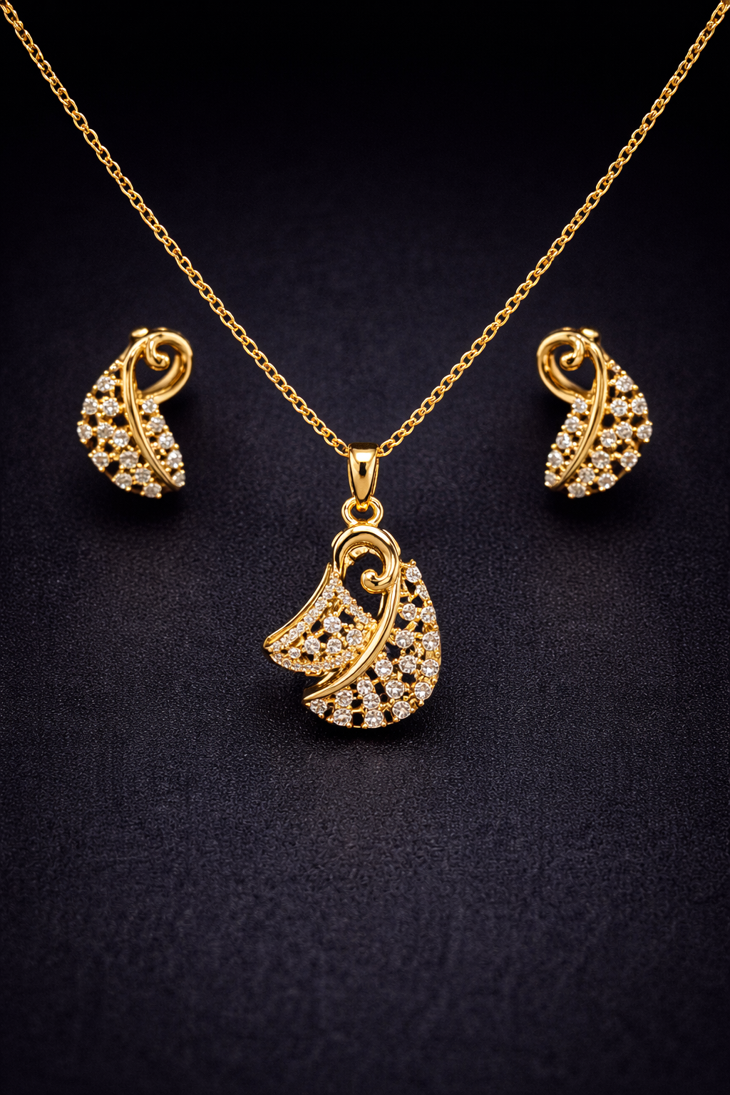 Vellorene Crystal Swirl Pendant Set – Elegant Gold Statement Jewellery