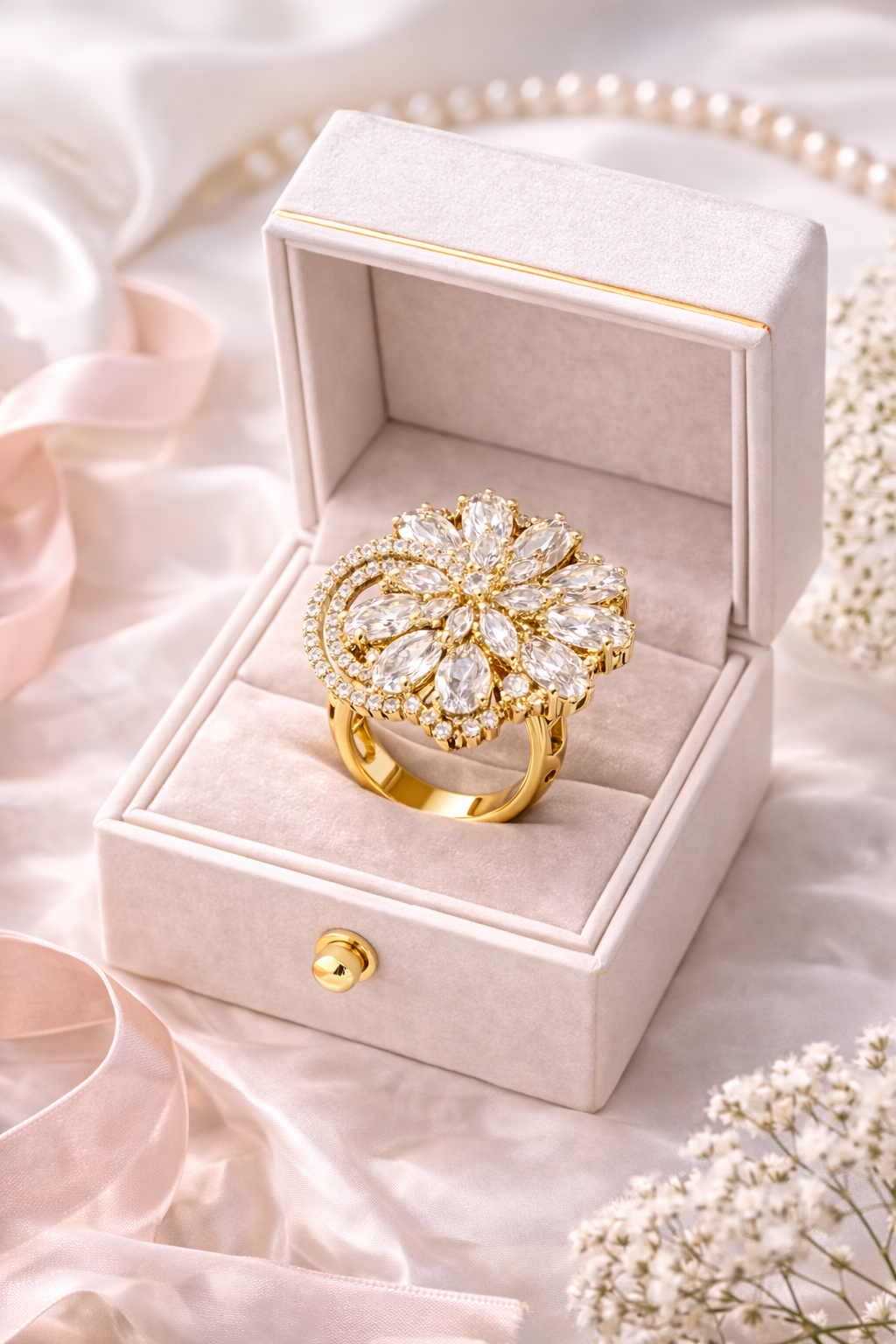 Vellorene Imperial Bloom Crystal Ring – Gold-Tone Designer Fashion Jewellery