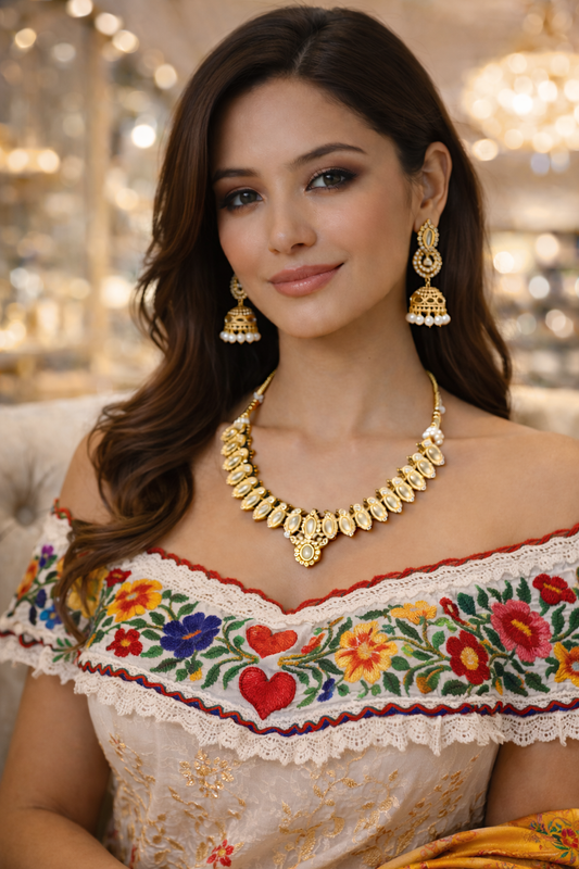 Vellorene Classic Kundan Choker Necklace Set – Bridal Gold Statement Jewellery