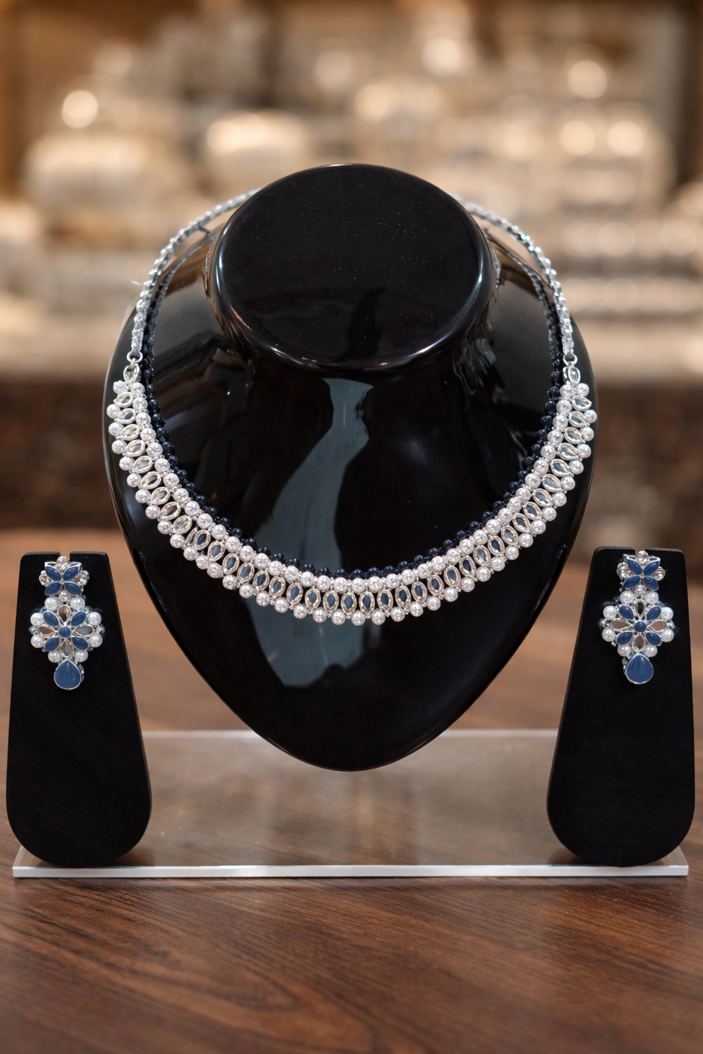 Vellorene Pearl Crystal Choker Necklace Set – Elegant Silver Tone Luxury Jewellery