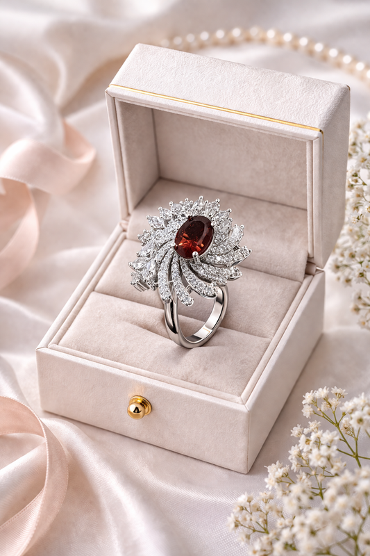 Vellorene Royal Ruby Crystal Statement Ring – Silver-Tone Designer Fashion Jewellery