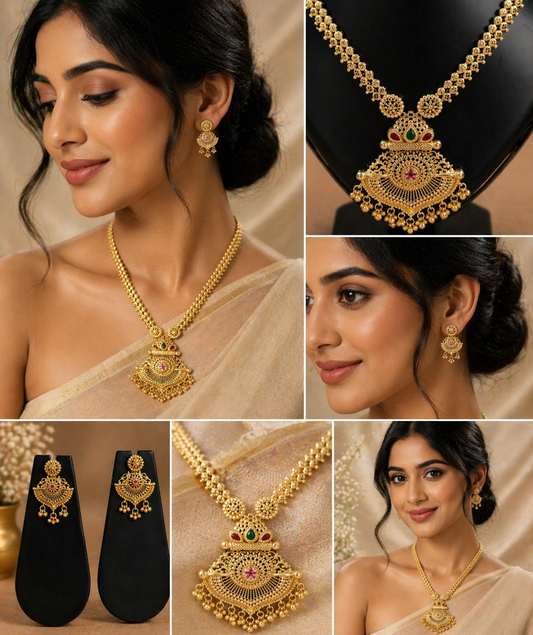 Vellorene Royal Temple Pendant Necklace Set – Gold Tone Traditional Jewellery