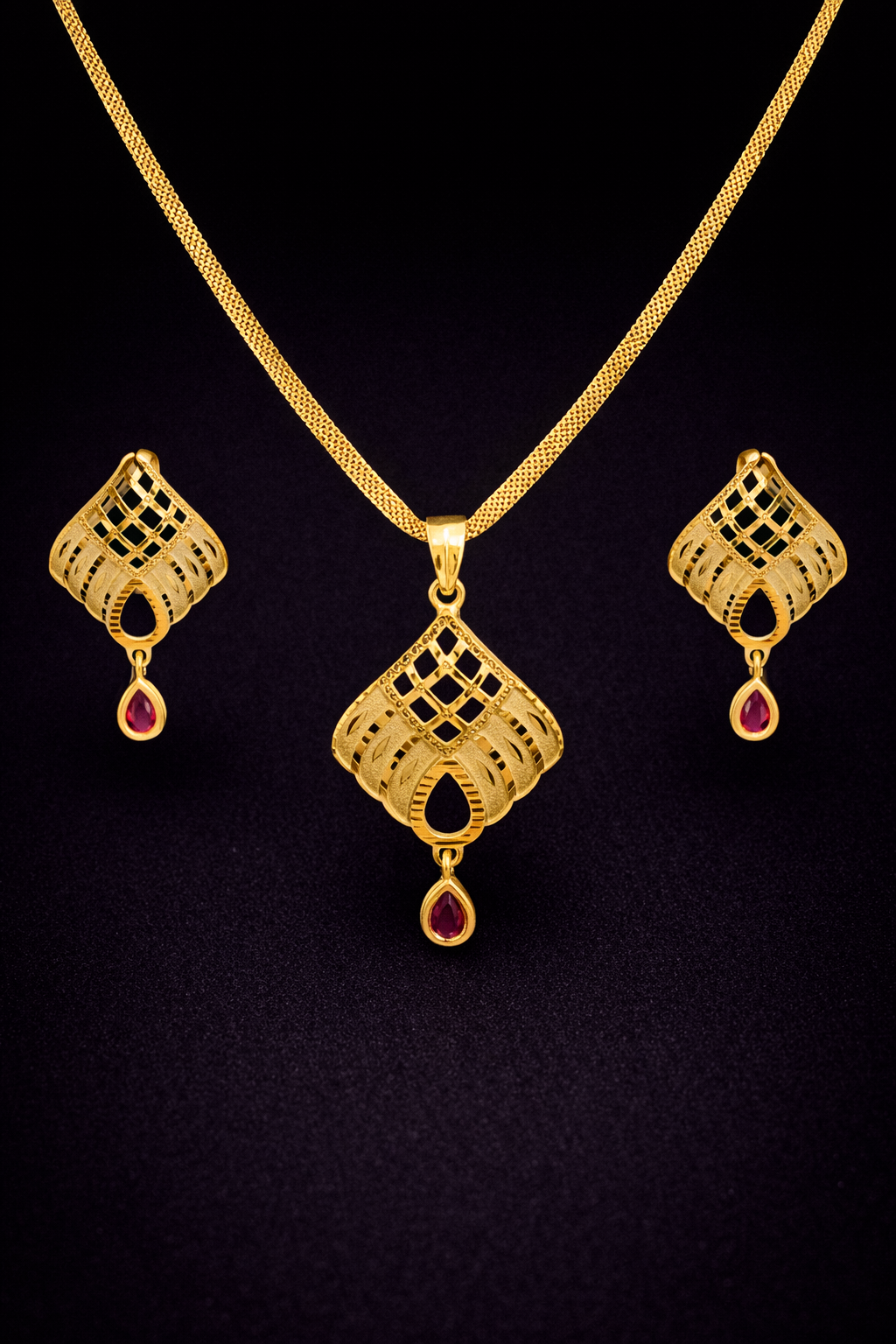 Vellorene Ruby Drop Geometric Pendant Set – Gold Tone Designer Necklace