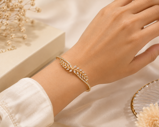 Vellorene Crystal Leaf Gold Bracelet for Women