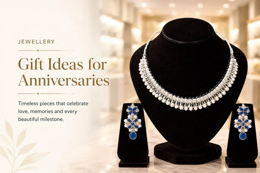 Jewellery gift ideas for anniversaries featuring an elegant necklace and earrings set with timeless luxury styling.
