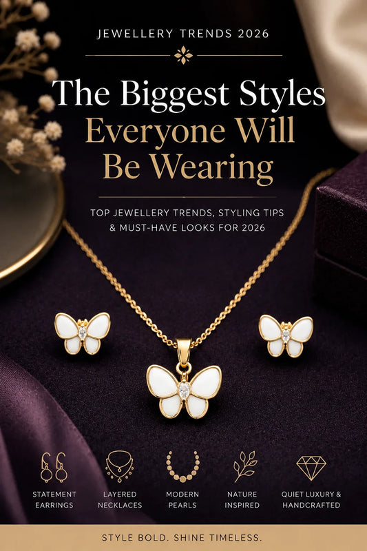 Jewellery Trends 2026 featuring statement earrings, layered necklaces, modern pearls, and handcrafted luxury jewellery styles.