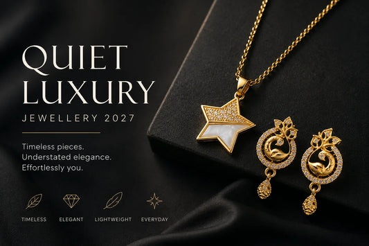 Quiet Luxury Jewellery 2027 featuring elegant gold pendant necklace and statement earrings on a luxury black background