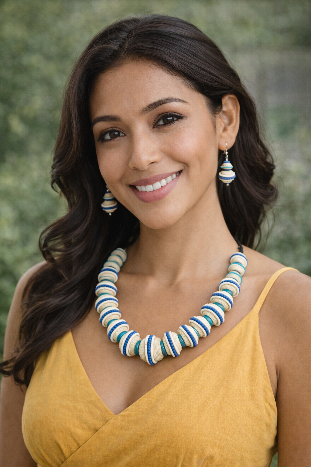 Aethelis handmade jute necklace set with blue and ivory beads and matching earrings