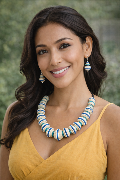 Aethelis handmade jute necklace set with blue and ivory beads and matching earrings
