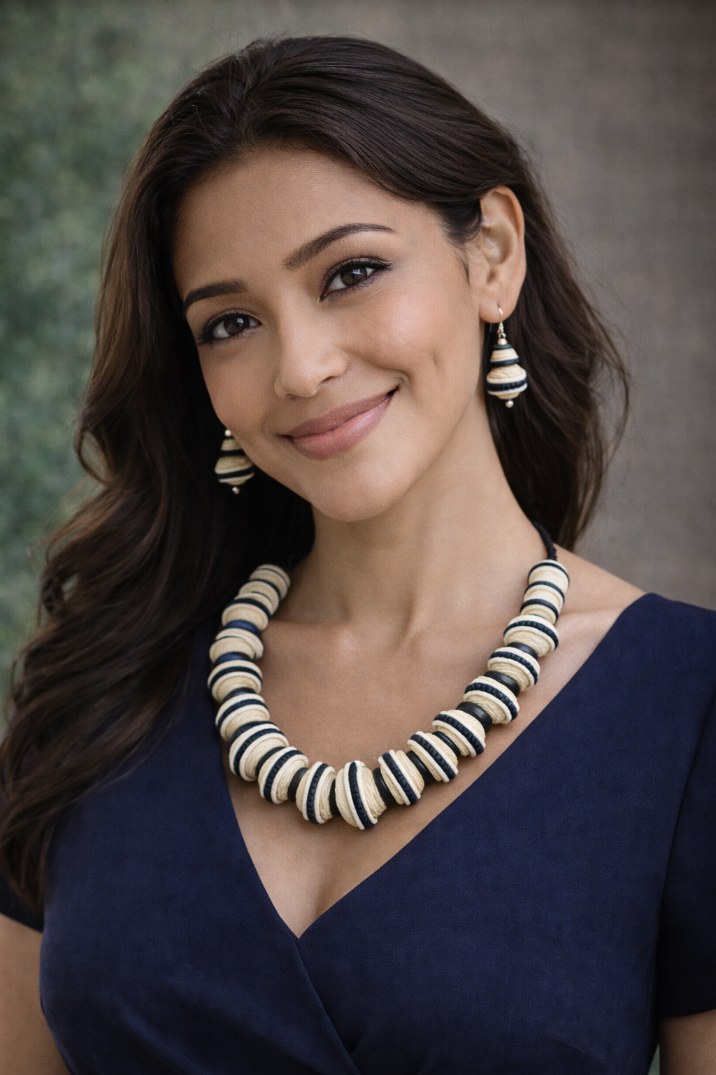 Aethelis handcrafted jute necklace set in black and beige with matching earrings