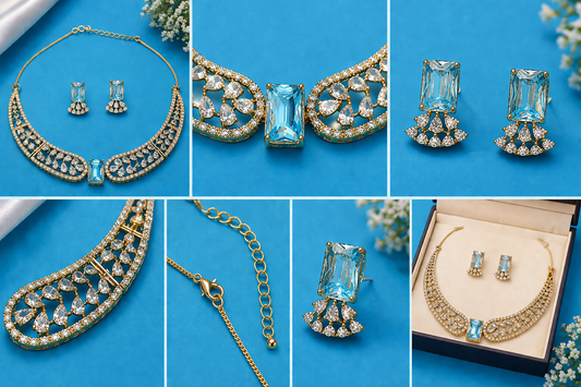 Vellorene Ice Blue Crystal Statement Necklace Set