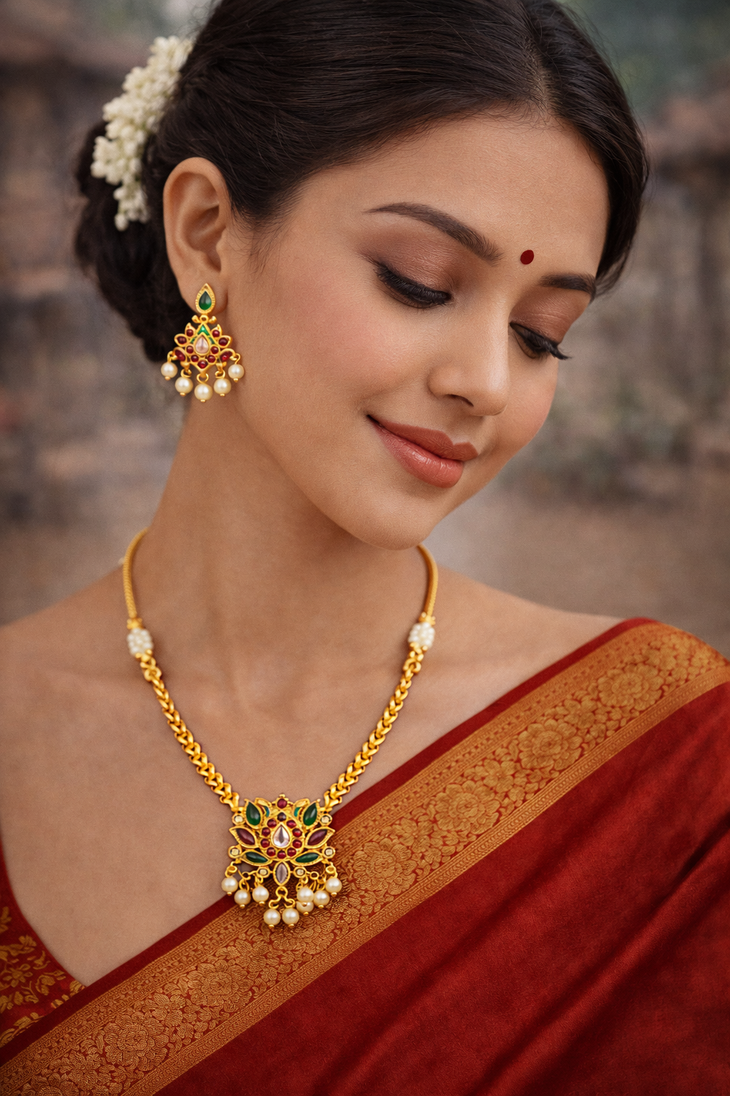 Vellorene Regal Kundan Pearl Drop Necklace Set – Heritage Gold Statement Jewellery