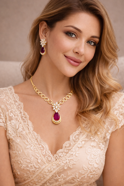Vellorene Ruby Drop Chain Necklace Set – Elegant Fashion Jewelry