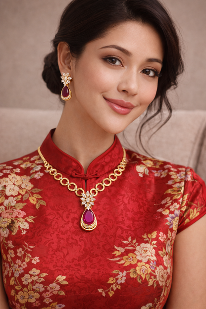 Vellorene Ruby Drop Chain Necklace Set – Elegant Fashion Jewelry