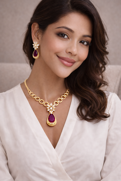 Vellorene Ruby Drop Chain Necklace Set – Elegant Fashion Jewelry