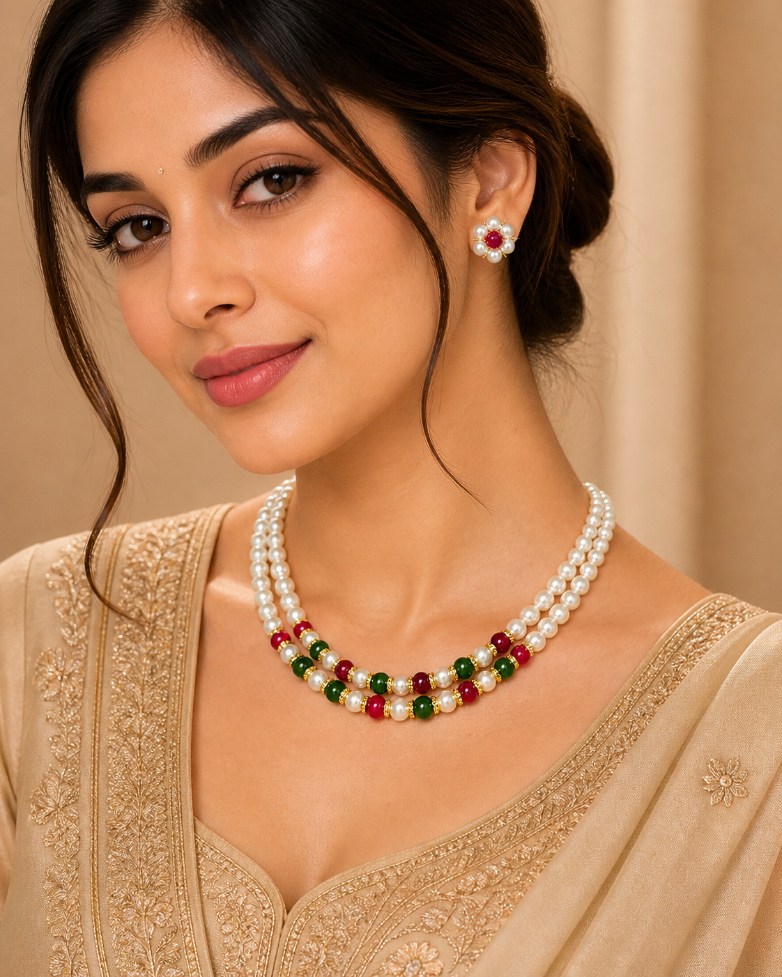 Vellorene Pearl Ruby Emerald Necklace Set