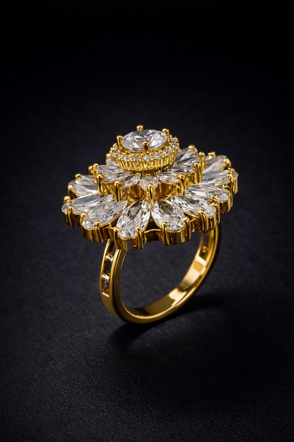 crystal floral statement ring in gold tone. Premium Vellorene fashion jewellery ideal for global buyers and boutique collections.