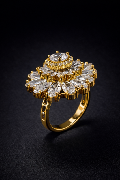 crystal floral statement ring in gold tone. Premium Vellorene fashion jewellery ideal for global buyers and boutique collections.