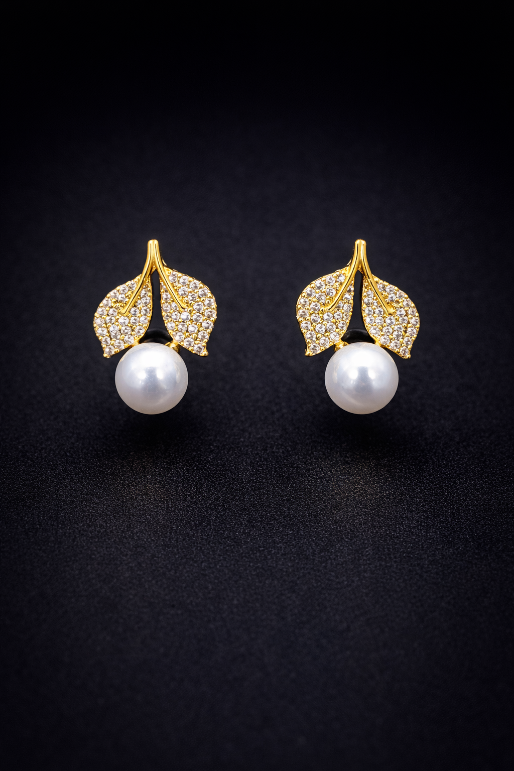 Vellorene Crystal Leaf Pearl Stud Earrings – Gold-Tone Fashion Jewellery