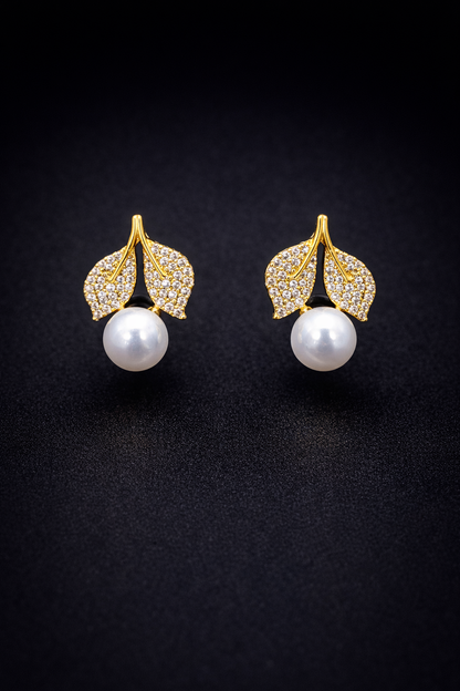 Vellorene Crystal Leaf Pearl Stud Earrings – Gold-Tone Fashion Jewellery