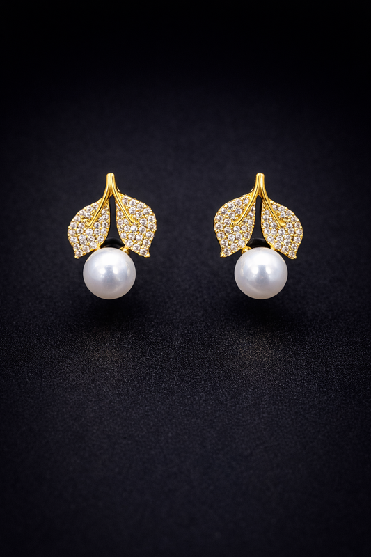 Vellorene Crystal Leaf Pearl Stud Earrings – Gold-Tone Fashion Jewellery