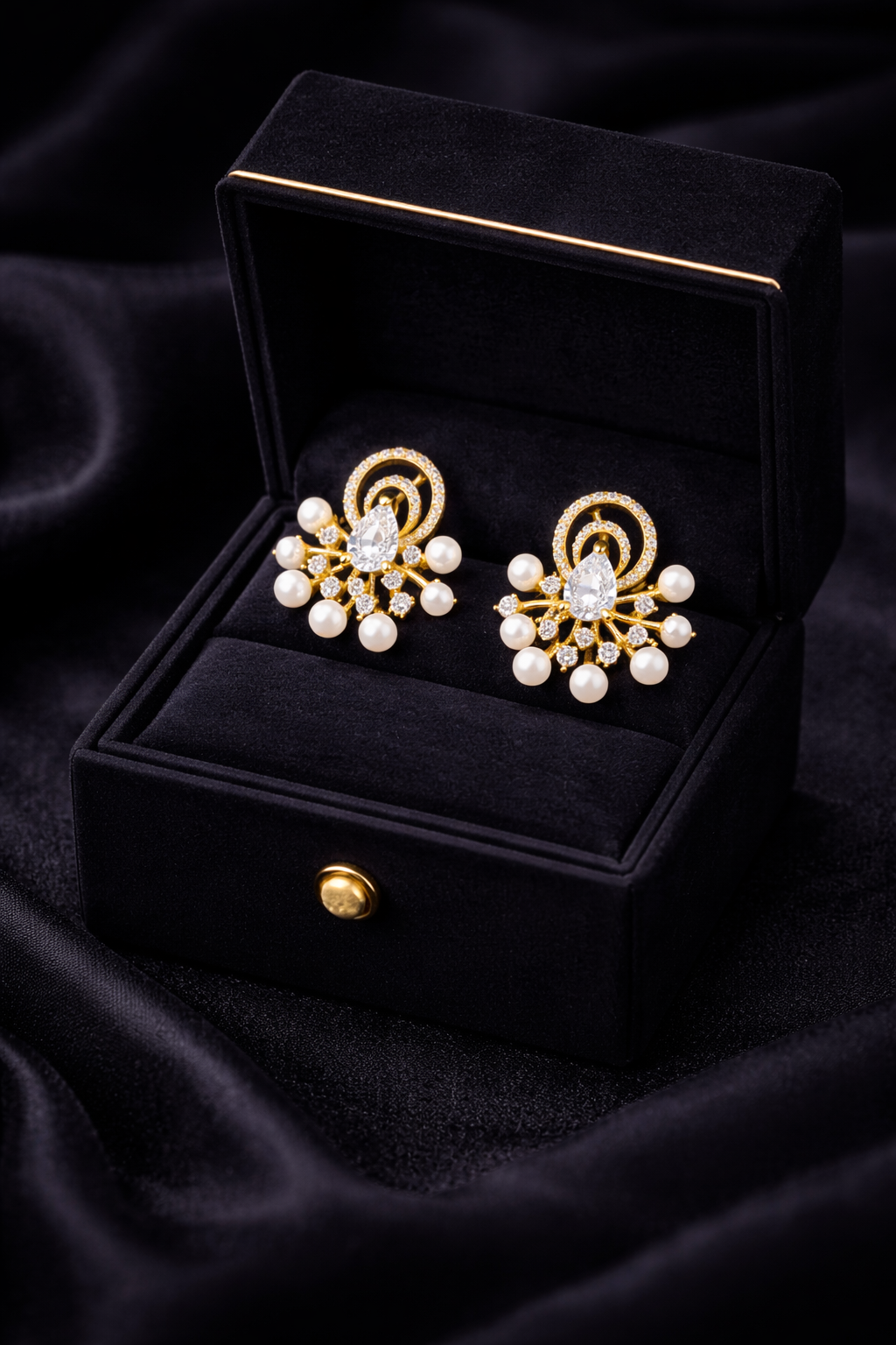 Vellorene Crystal Pearl Statement Earrings – Gold-Tone Fashion Jewellery