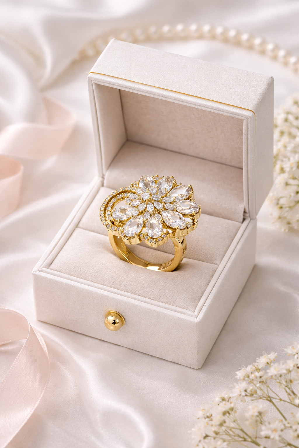 Vellorene Luxe Spiral Bloom Ring – Gold-Tone Crystal Statement Jewellery