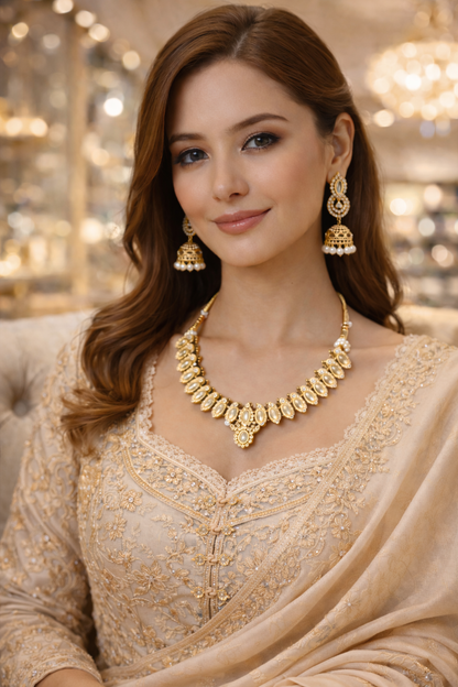 Vellorene Classic Kundan Choker Necklace Set – Bridal Gold Statement Jewellery