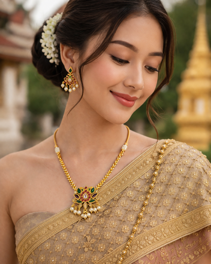 Vellorene Regal Kundan Pearl Drop Necklace Set – Heritage Gold Statement Jewellery