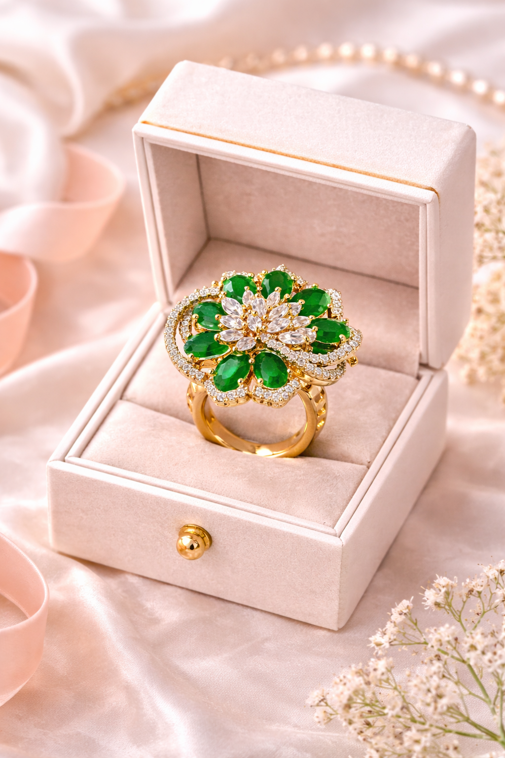 Vellorene Emerald Bloom Crystal Ring – Gold-Tone Designer Fashion Jewellery