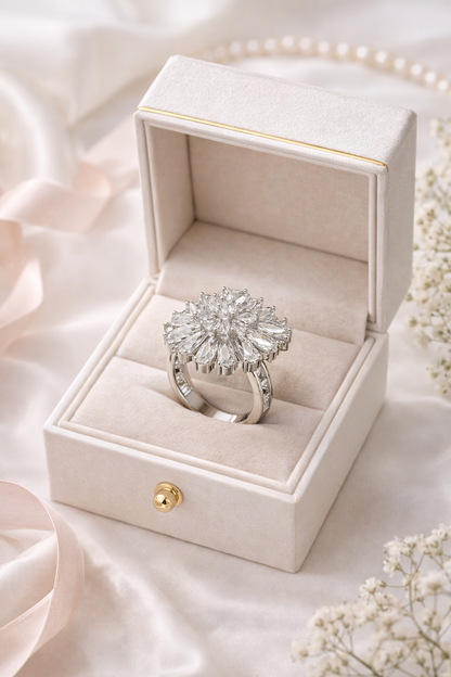 Vellorene Ice Bloom Crystal Ring – Silver-Tone Statement Fashion Jewellery