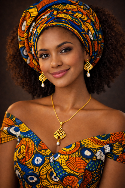 Vellorene gold tone geometric pendant set with pearl drop and matching earrings on dark background