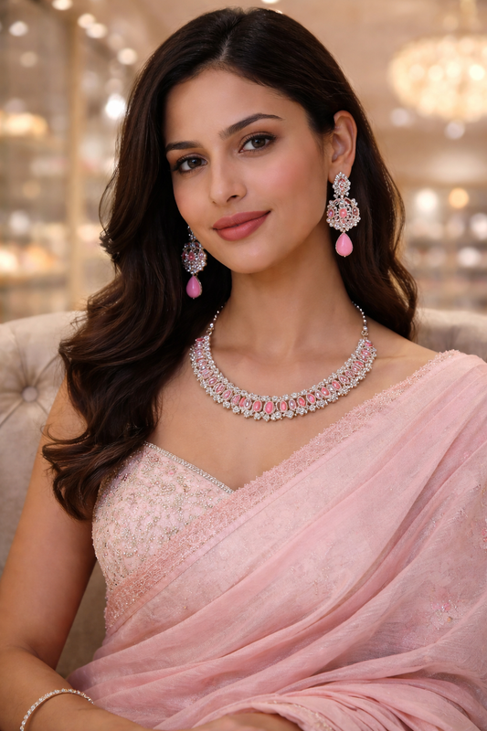 coral pearl choker necklace set blush pink vellorene jewellery with matching earrings