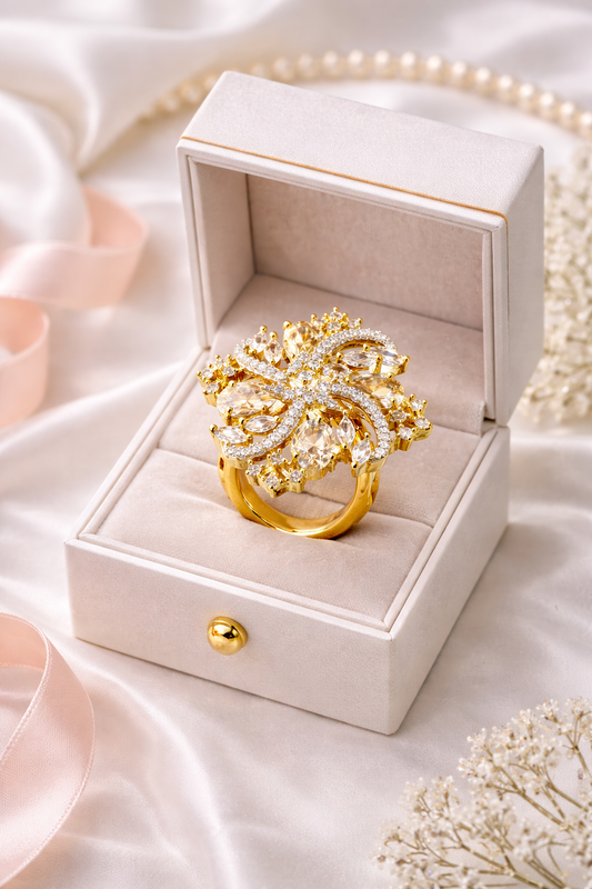 Vellorene Luxe Floral Crystal Ring – Gold-Tone Designer Fashion Jewellery