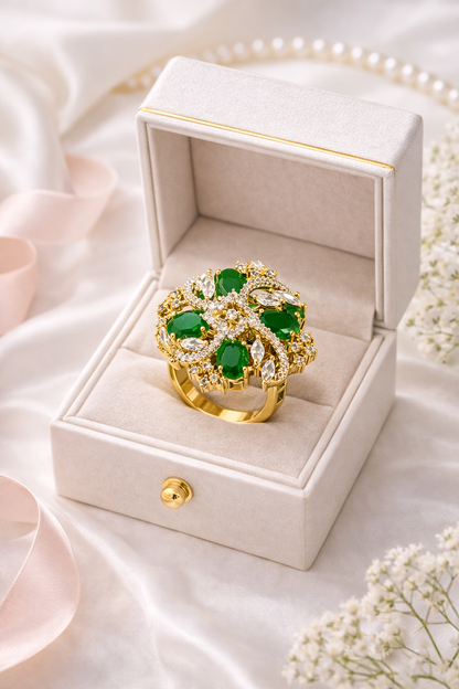 Vellorene Emerald Luxe Cluster Ring – Gold-Tone Statement Fashion Jewellery