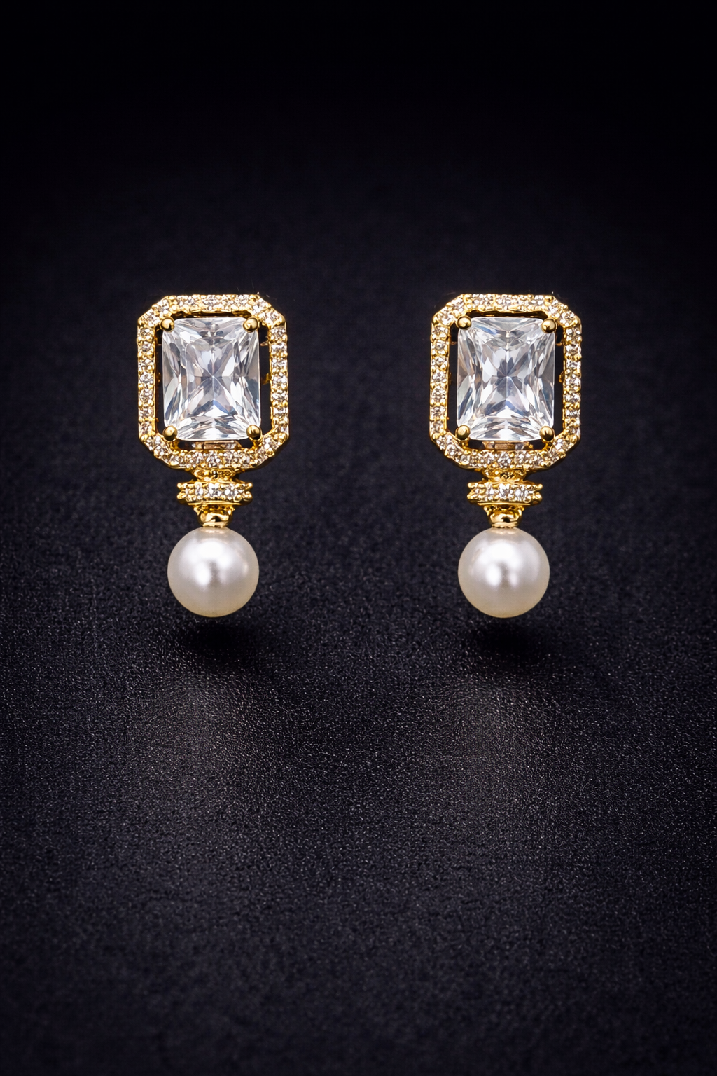 Vellorene Emerald-Cut Crystal Pearl Stud Earrings – Gold-Tone Fashion Jewellery