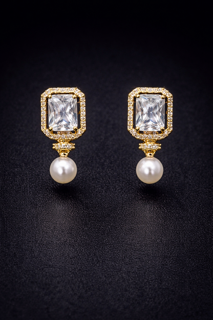 Vellorene Emerald-Cut Crystal Pearl Stud Earrings – Gold-Tone Fashion Jewellery