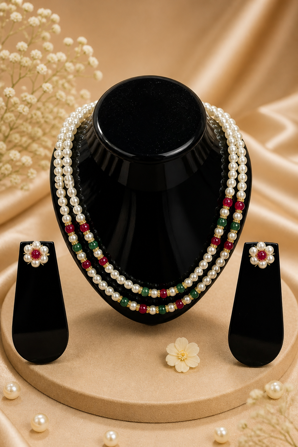 Vellorene Pearl Ruby Emerald Necklace Set