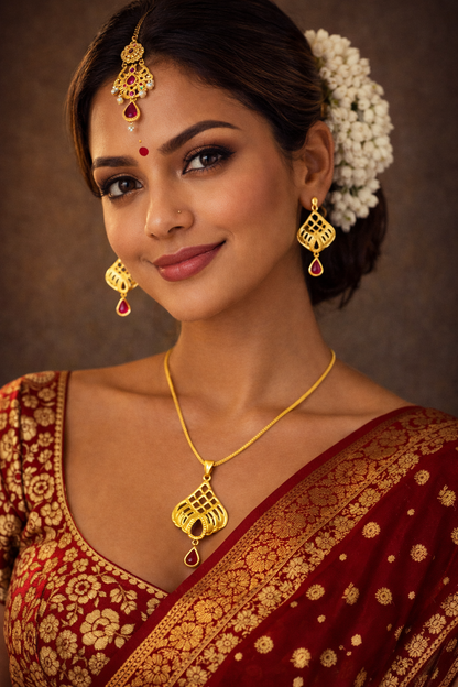Vellorene Ruby Drop Geometric Pendant Set – Gold Tone Designer Necklace