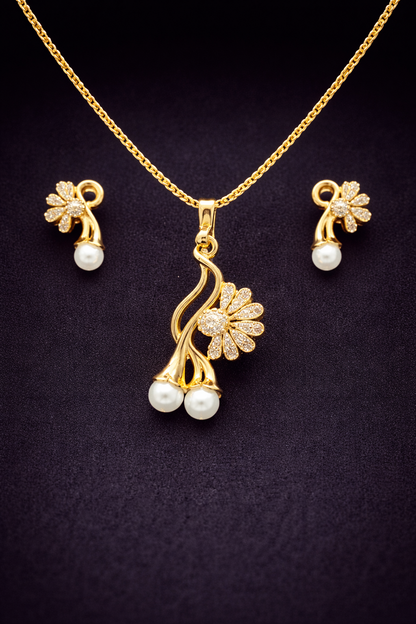 Vellorene Floral Pearl Pendant Set – Elegant Gold Crystal Jewellery