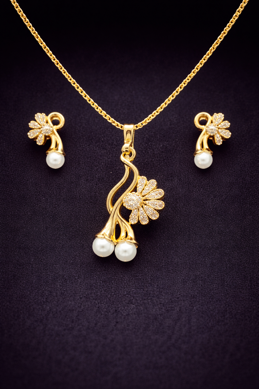 Vellorene Floral Pearl Pendant Set – Elegant Gold Crystal Jewellery