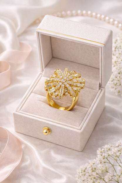Vellorene Radiant Starburst Ring – Gold-Tone Crystal Statement Jewellery