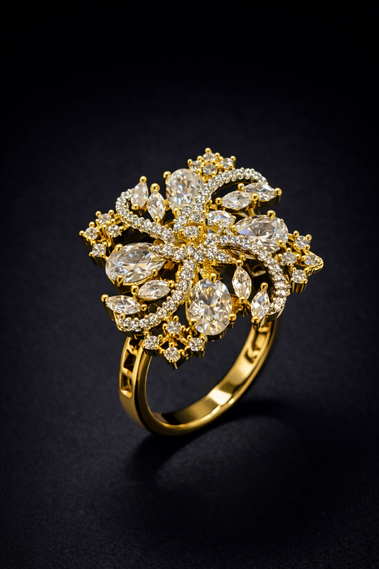 gold floral crystal ring by Vellorene. Elegant fashion jewellery with premium finish, perfect for gifting and global boutique collections.
