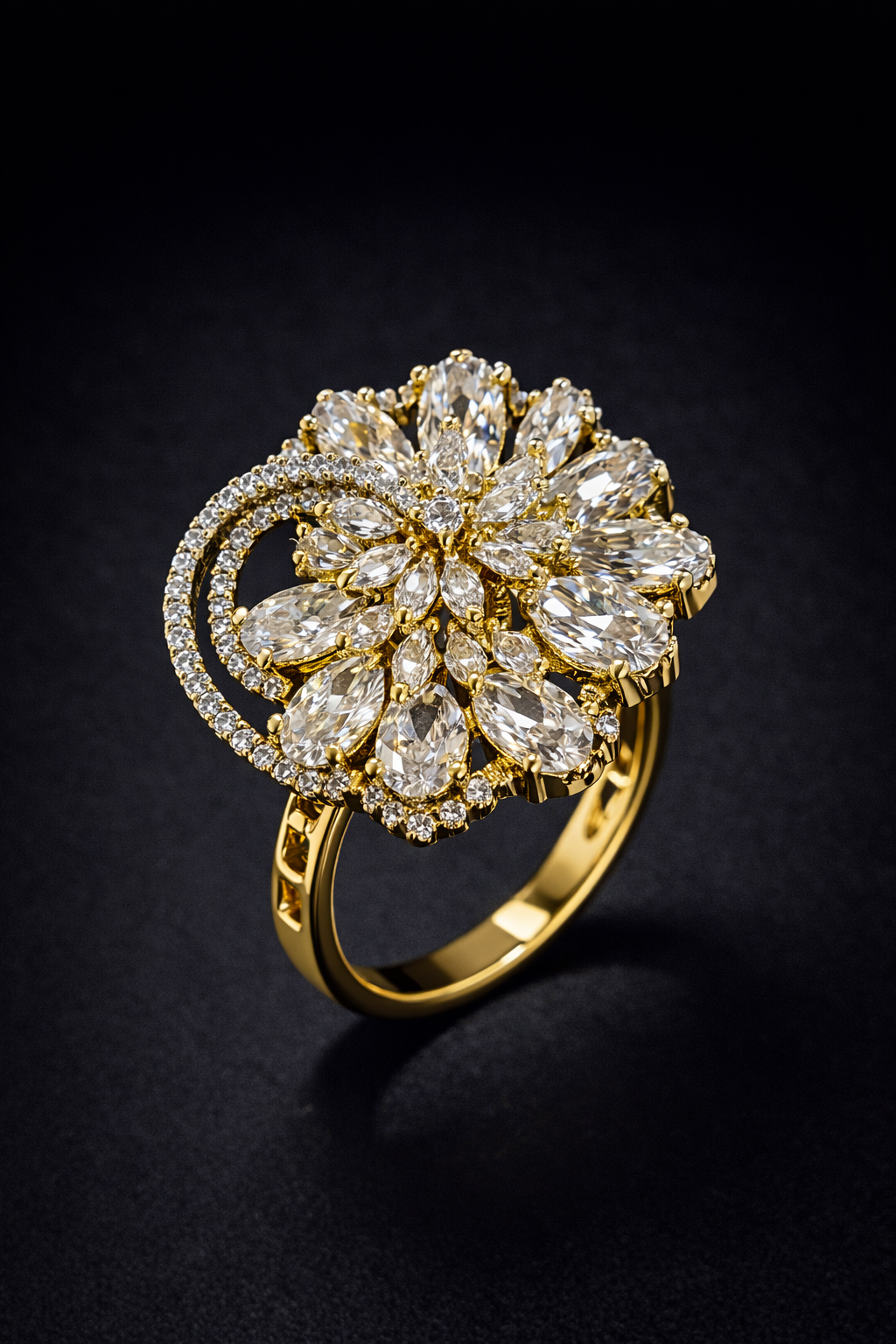 Shop gold floral crystal ring by Vellorene. Elegant halo design with premium finish, perfect for gifting and international jewellery collections.