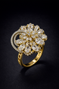 Shop gold floral crystal ring by Vellorene. Elegant halo design with premium finish, perfect for gifting and international jewellery collections.