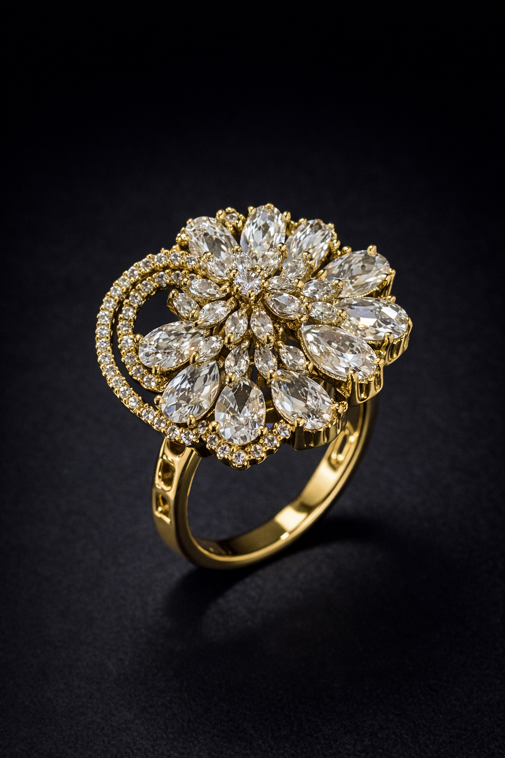 gold spiral floral statement ring with crystal detailing. Premium Vellorene fashion jewellery for boutique and global buyers.