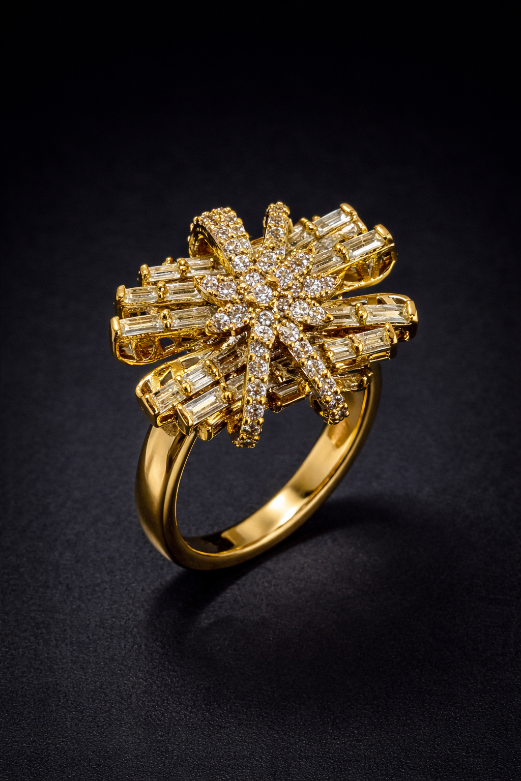 Vellorene Radiant Starburst Ring – Gold-Tone Crystal Statement Jewellery