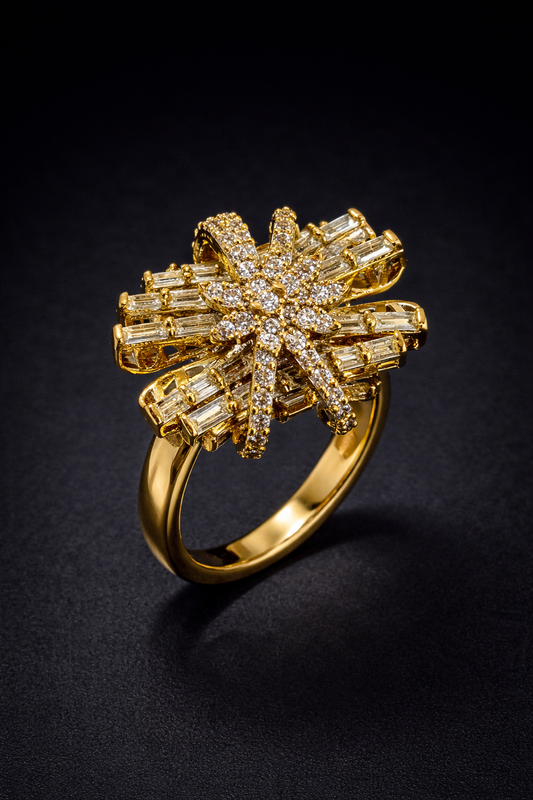 Vellorene Radiant Starburst Ring – Gold-Tone Crystal Statement Jewellery
